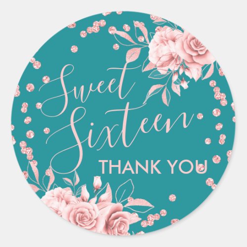 Rose Gold Teal Sweet 16 Thank You Floral Glitter Classic Round Sticker