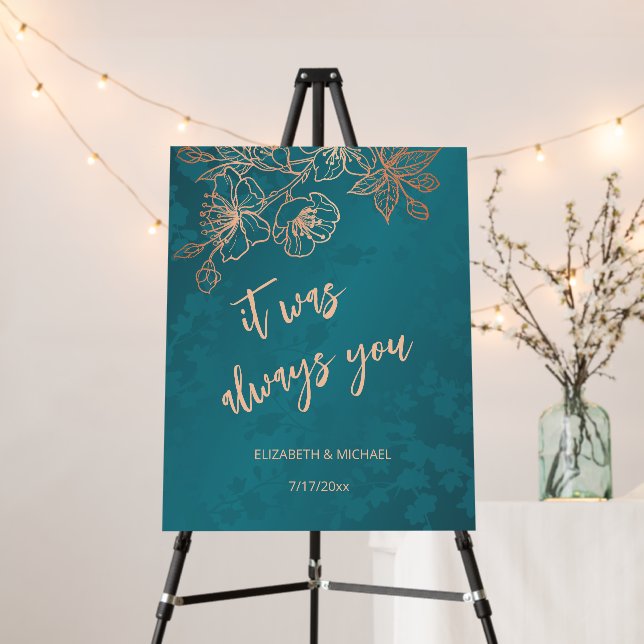 Rose Gold Teal Wedding Welcome Foam Board (In Situ (Stand))