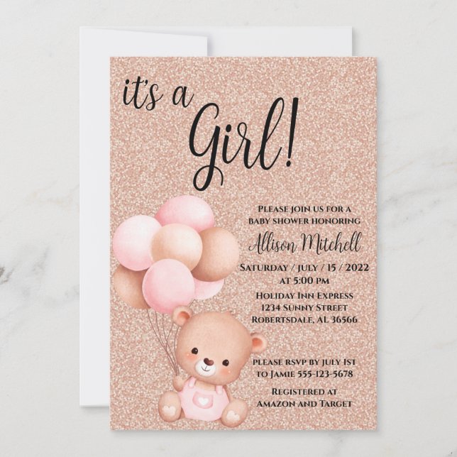 Rose Gold Teddy Bear Baby Shower Invitation (Front)