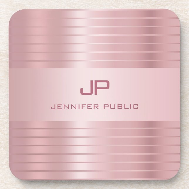 Rose Gold Template Monogrammed Modern Elegant Beverage Coaster (Front)