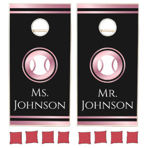 Rose Gold Tennis Wedding Bride Groom Mom Dad Black Cornhole Set