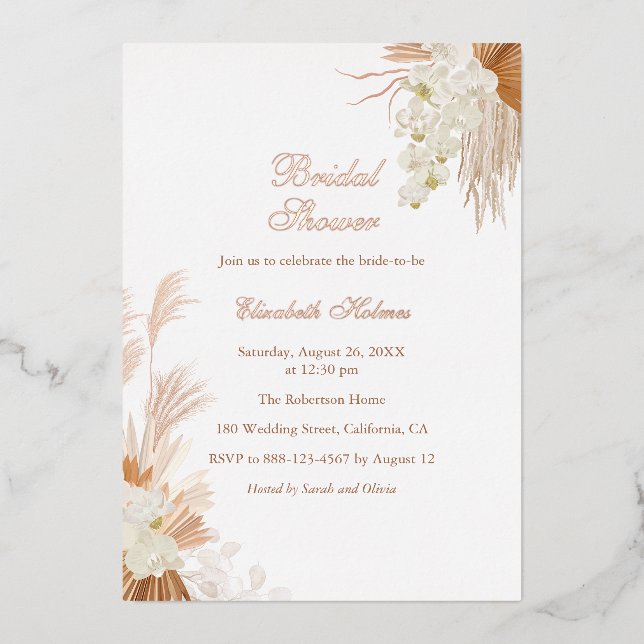 Rose Gold Terracotta Pampas Grass Bridal Shower Foil Invitation (Front)