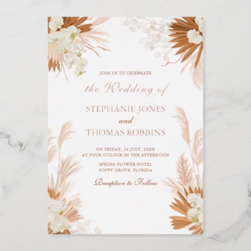 Rose Gold Terracotta Pampas Grass Orchid Wedding Foil Invitation