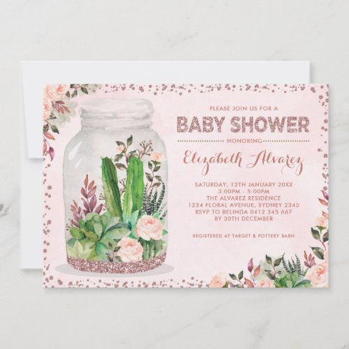 Rose Gold Terrarium Baby Shower Cactus Pink Floral Invitation