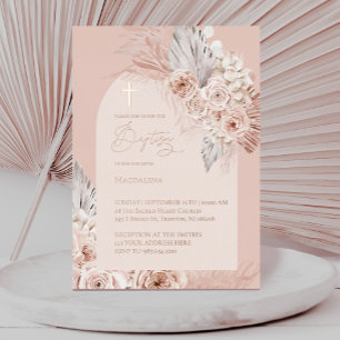 rose gold text Baptism boho flowers Foil Invitation