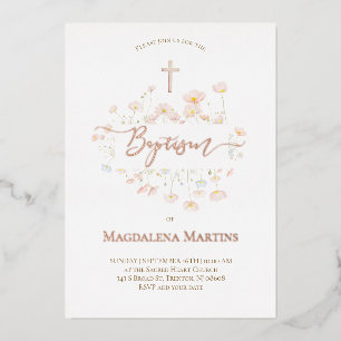 rose gold text Baptism delicate flowers Foil Invitation