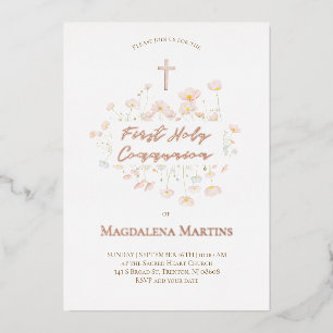 rose gold text First Communion delicate flowers Foil Invitation