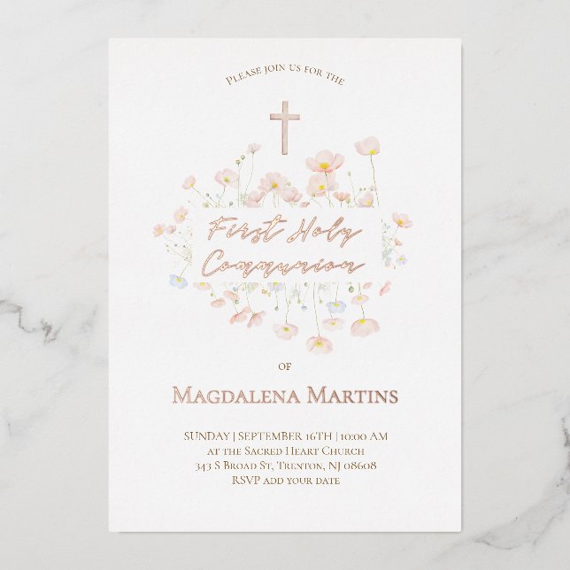 rose gold text First Communion delicate flowers Foil Invitation (Front)