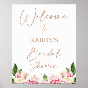 Rose Gold Text Peonies Bridal Shower Welcome Poster