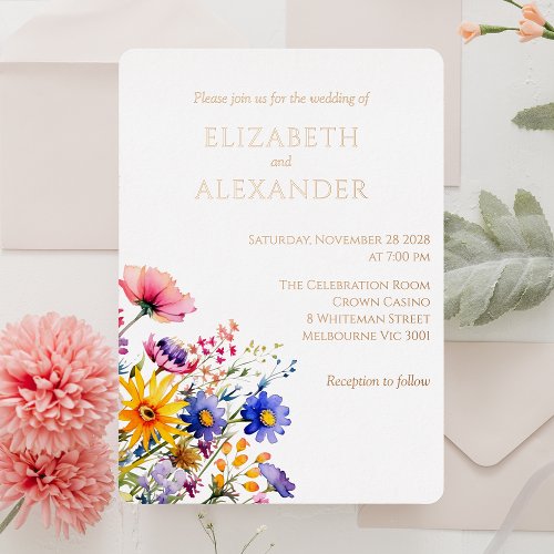 Rose Gold Text Spring Wedding Wildflowers Foil Invitation