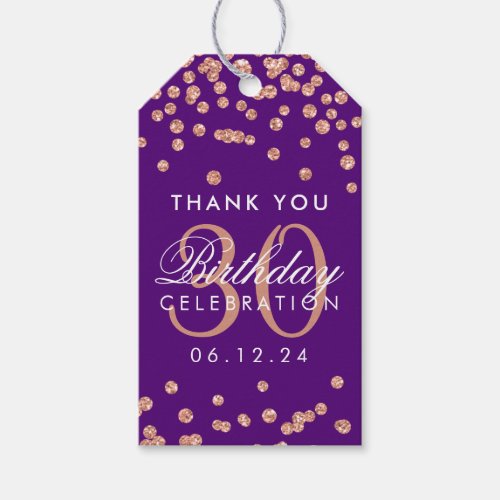Rose Gold Thank You 30th Birthday Confetti Purple Gift Tags