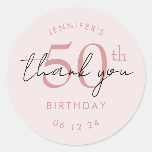 Rose Gold "Thank You" 50th Birthday Party Blush Classic Round Sticker