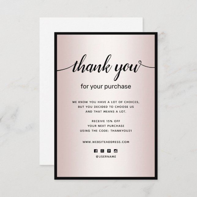 Rose Gold Thank you For your Purchase Note Card (Front/Back)