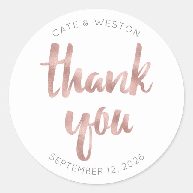Rose gold thank you, personalized, faux foil classic round sticker (Front)