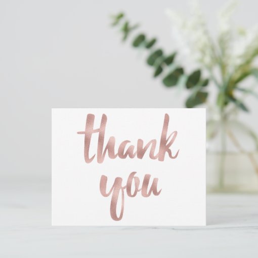 Rose gold thank you postcards, foil font postcard | Zazzle