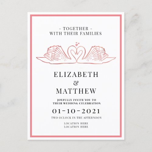 Rose Gold Themed with Swans Wedding Invitation Postcard