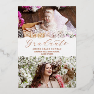 Rose Gold Then & Now Chic Lace Romantic Graduate Foil Invitation
