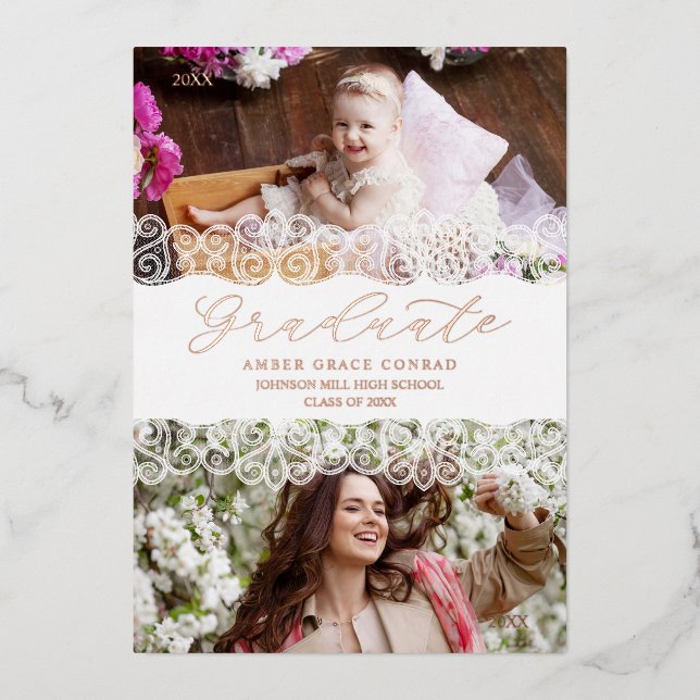 Rose Gold Then & Now Chic Lace Romantic Graduate Foil Invitation (Front)