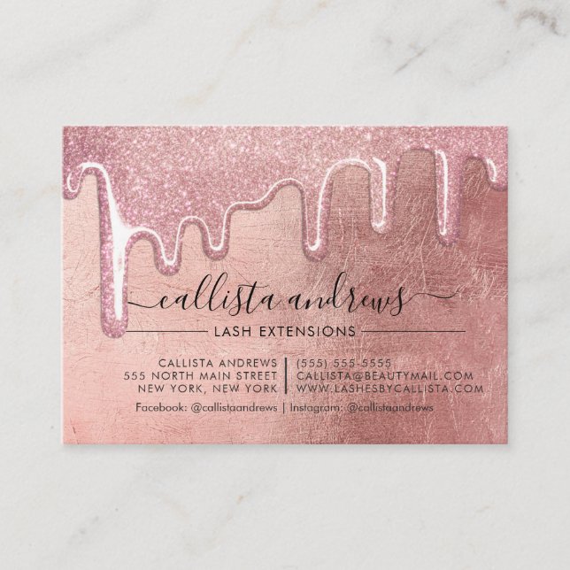 Rose Gold Thick Glitter Drips Lashes Aftercare Business Card (Front)