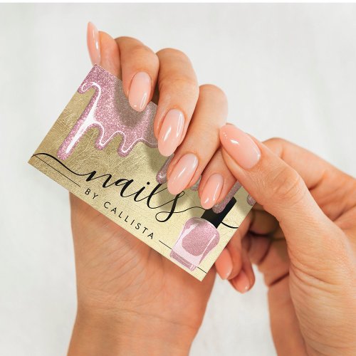 Rose Gold Thick Glitter Drips Polish Nails Business Card