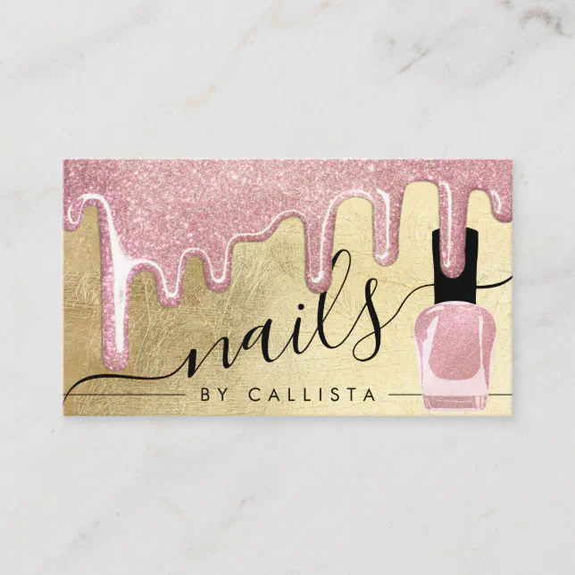 Rose Gold Thick Glitter Drips Polish Nails Business Card | Zazzle