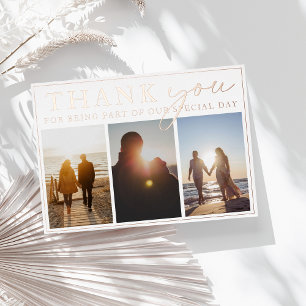 Rose Gold Three Photo Wedding Thank You Card