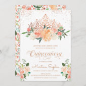 Rose Gold Tiara & Blush Pink Florals Quinceanera Invitation (Front/Back)