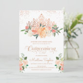 Rose Gold Tiara & Blush Pink Florals Quinceanera Invitation (Standing Front)