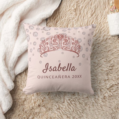 Rose gold tiara crown pink monogram Quinceanera Throw Pillow