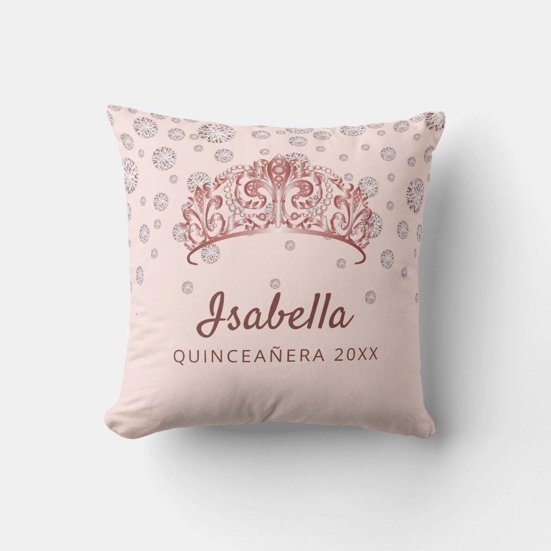 Rose gold tiara crown pink monogram Quinceanera Throw Pillow | Zazzle