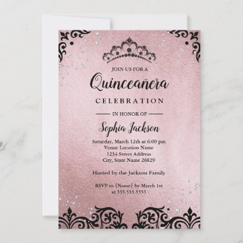 Rose Gold Tiara Damask Quinceanera Invitation