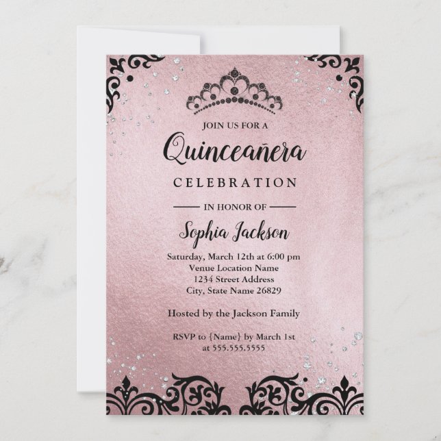 Rose Gold Tiara Damask Quinceanera Invitation (Front)