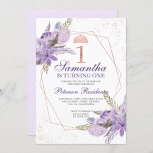 Rose gold tiara floral watercolor 1st birthday invitation