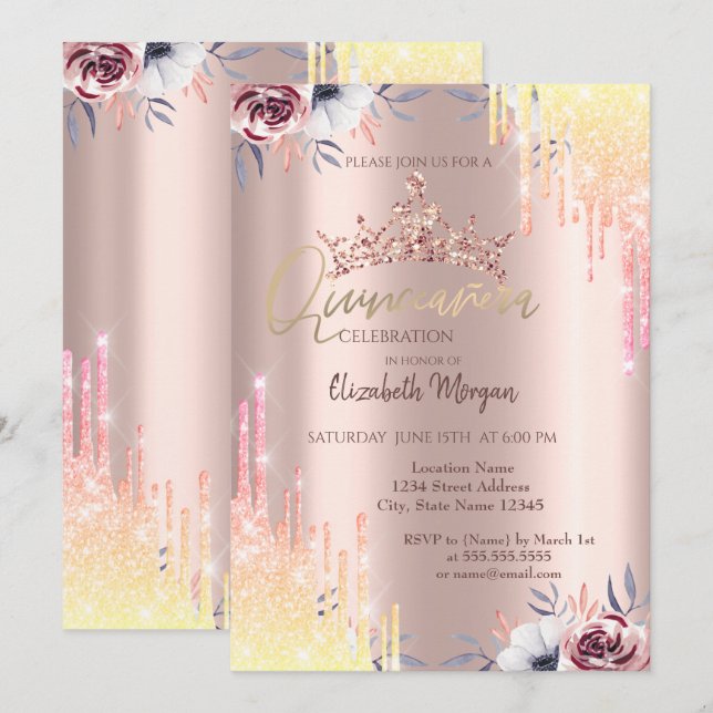Rose Gold Tiara Flowers Quinceañera Invitation (Front/Back)