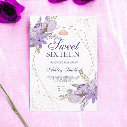 Rose gold tiara purple floral watercolor Sweet 16 Invitation