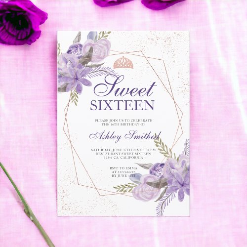 Rose gold tiara purple floral watercolor Sweet 16 Invitation