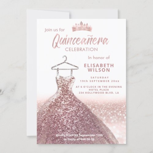 Rose gold  tiara sequins dress Quinceaera  Invita Invitation