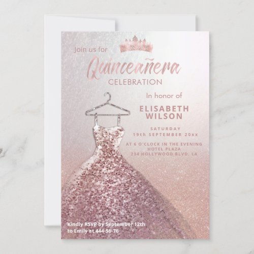 Rose gold  tiara sequins dress Quinceaera  Invita Invitation