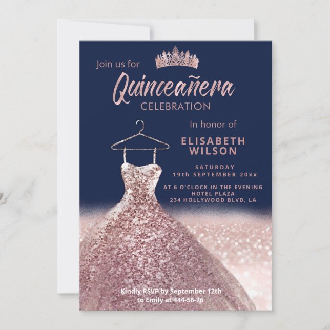 Rose gold  tiara sequins dress Quinceañera navy  Invitation (Front)