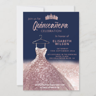 Rose gold tiara sequins dress Quinceañera navy Invitation