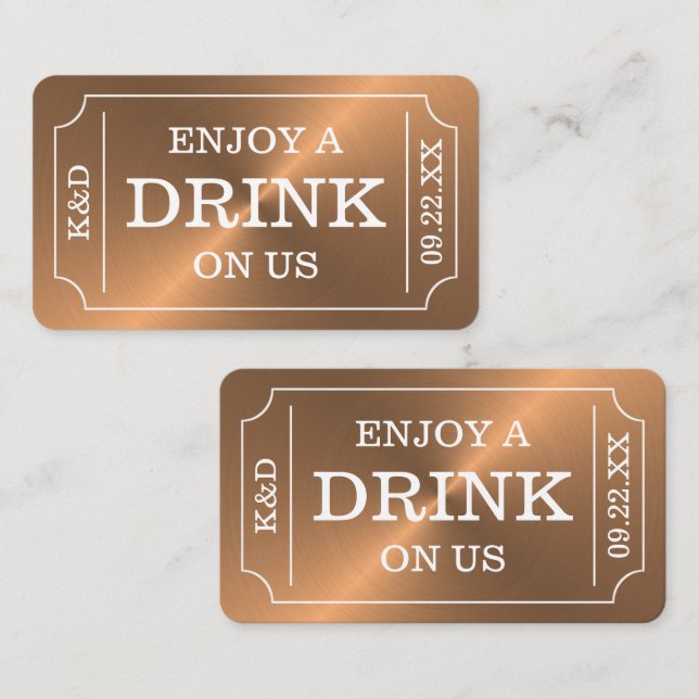 Rose Gold Ticket Style "Enjoy A Drink On Us" Enclosure Card (Front/Back)