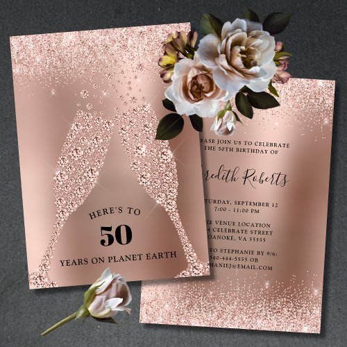 Rose Gold Toast of the Bubbly 50th Birthday Invitation
