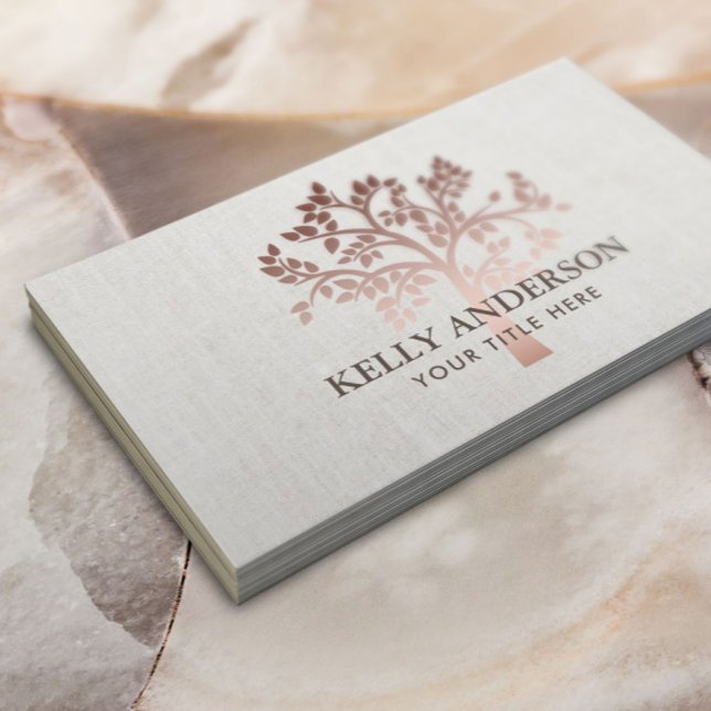 Rose Gold Tree Elegant Linen Business Card (Creator Uploaded)