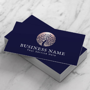 Rose Gold Tree Logo Counselor Life Coach Navy Blue Business Card