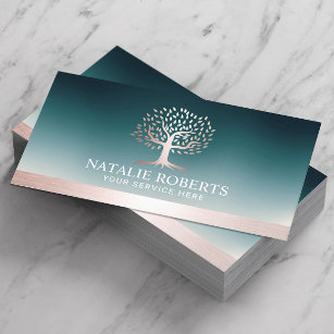 Rose Gold Tree Logo Teal Wellness Salon Spa  Business Card