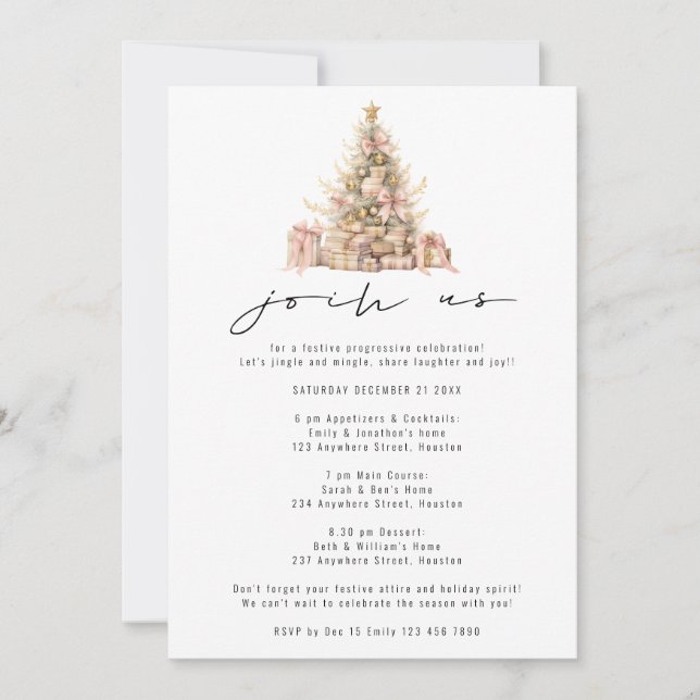 Rose Gold Tree Progessive Christmas Party Invitation (Front)