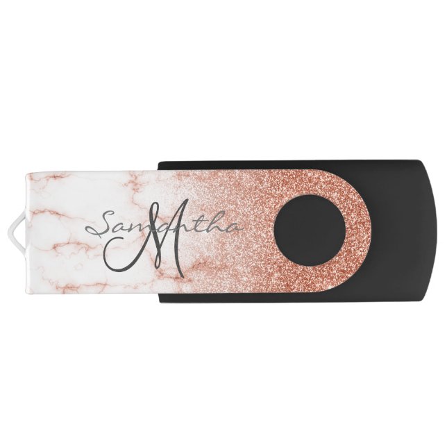 Rose Gold Trendy Glitter Monogram Personalized Flash Drive (Back)
