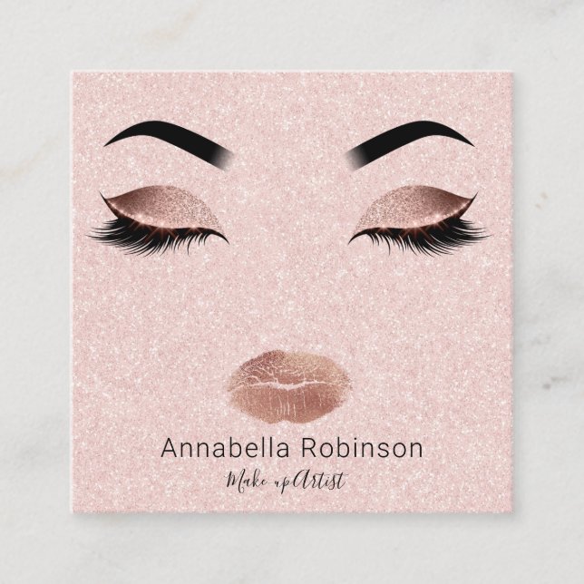 Rose Gold Trendy Make Up Artist Face Square Business Card (Front)