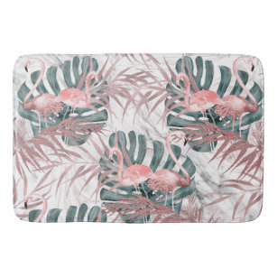 Rose Gold Tropical Flamingos Leaves & Marble Bath Mat