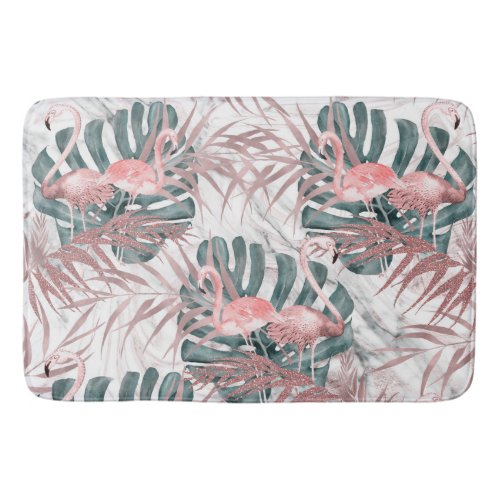 Rose Gold Tropical Flamingos Leaves  Marble Bath Mat